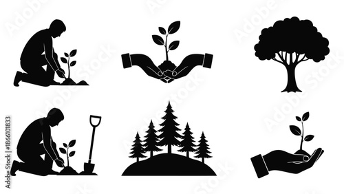 Black silhouettes of people planting trees and hands holding plants on white background, eco friendly and environmental conservation concept illustration