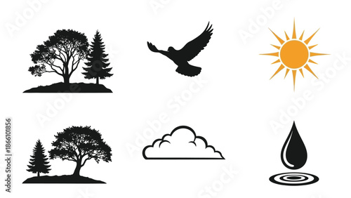 Collection of nature icons including trees, bird in flight, sun, clouds, and water droplet, symbolizing environmental elements and weather conditions