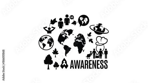 Black and white awareness concept with global icons and earth map on white background for social issues and environmental campaigns with ecology
