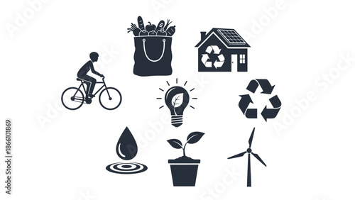 Eco friendly living concept with icons of renewable energy, recycling, sustainable transport, and conservation, promoting a green lifestyle and environmentally