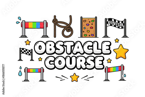 Colorful obstacle course elements with start and finish flags