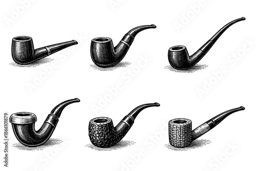 Vintage smoking pipes hand drawn collection on white background