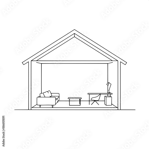 Line-art illustration of a modern house with a cutaway section revealing a minimalist interior, featuring silhouettes of sleek furniture pieces, including a low-profile sofa, a compact dining table, a
