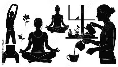 Black silhouettes of people practicing yoga and mindfulness while drinking tea surrounded by plants and flowers on a white background with meditation