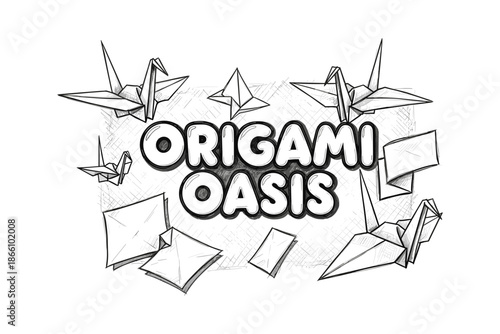Origami oasis: hand-drawn paper cranes and artful geometric shapes
