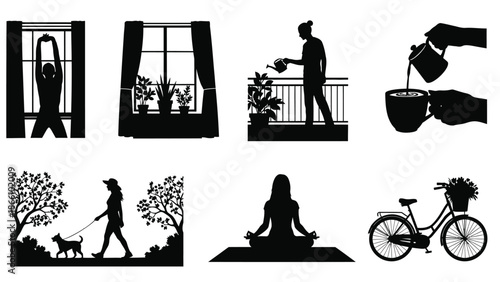 Black silhouettes of people engaging in daily activities like yoga, walking dog, gardening, and biking in an urban setting with plants and trees