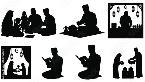 Silhouette illustrations of people in various ramadan activities, family gatherings, and iftar preparations in black on white background with Islamic