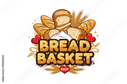 Rustic bread basket design with wheat and hearts for bakeries