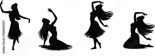 Hula dancer silhouettes collection showing graceful Hawaiian women dancing traditional island movements in elegant black vector illustration style