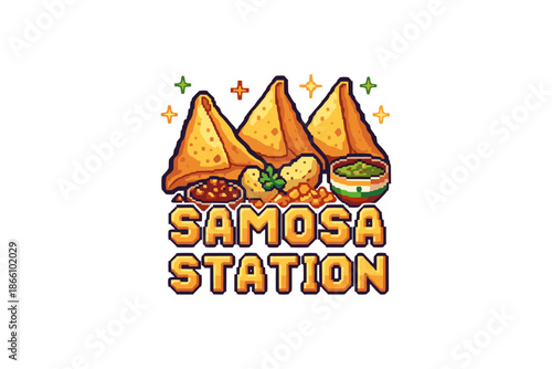 Pixel art samosa design with spices and chutney elements