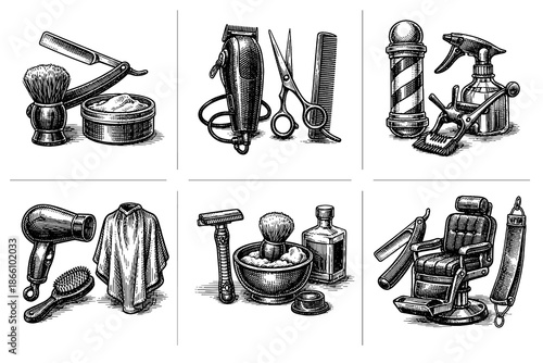 Vintage barber tools illustrations featuring razors, clippers, and chairs in engraved style