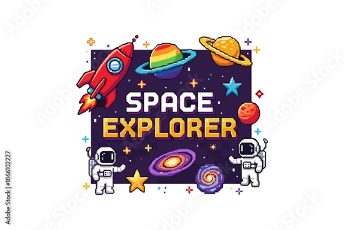 Pixel art space adventure with astronauts, rocket, and planets