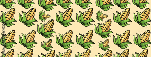 Seamless pattern of corn cobs with green leaves. Hand drawn corn vegetable pattern for food and farm design vector illustration