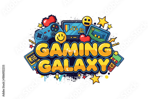 Retro gaming icon set with joypad and pixel art elements