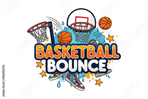 Dynamic basketball splash with hoops, balls, and sneakers in vibrant design