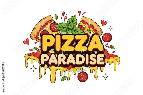 Delicious pizza paradise: melting cheese, fresh pepperoni, and basil bliss on a white background