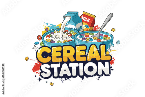 Colorful breakfast cereal splash with milk and berries on white background