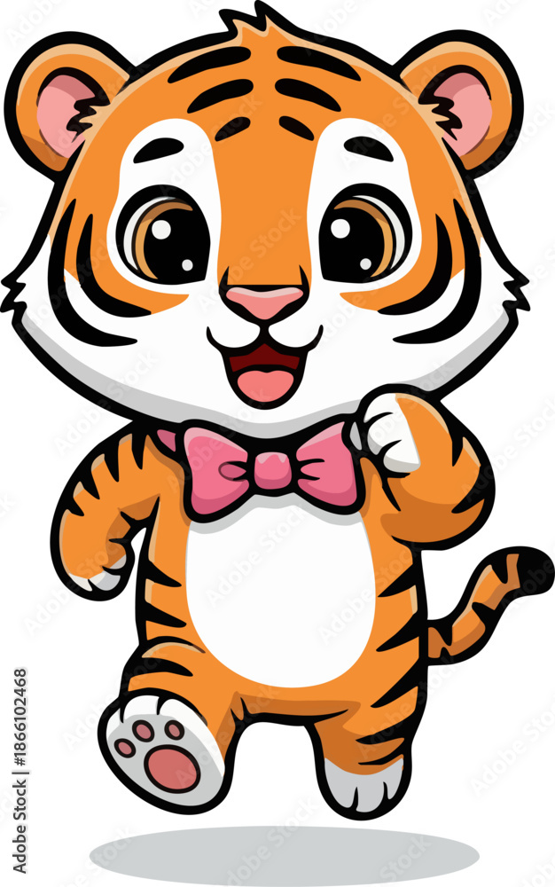 Fototapeta premium Adorable happy baby tiger cartoon character wearing a pink bow tie