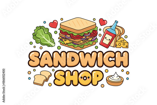 Cute sandwich shop logo with kawaii style and food elements