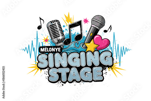 Colorful music elements with microphones and notes in graffiti style