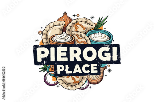 Rustic pierogi logo design with onions and sour cream elements