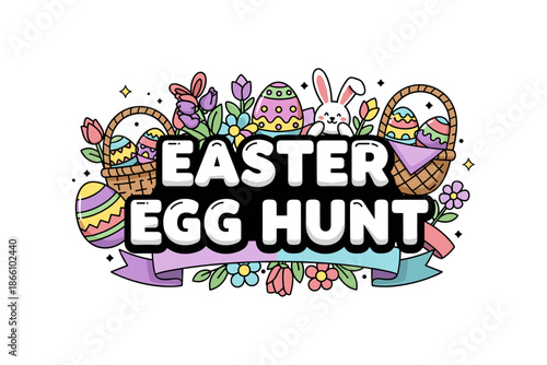 Colorful easter egg hunt design with baskets and flowers