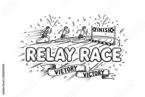 Dynamic relay race finish line sketch with victory celebration elements