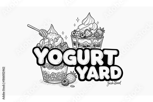 Intricate line art of delicious frozen yogurt parfaits with fresh berries and honey