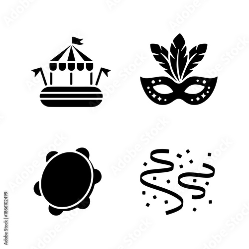 Carnival Icon Collection: A set of evocative black icons representing the essence of a lively carnival. Featuring a carousel, a decorative mask, tambourine, and celebratory confetti.
