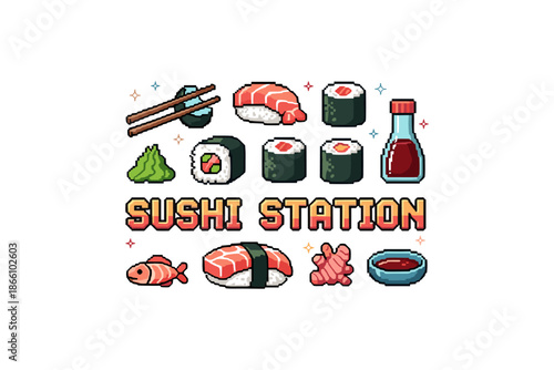 Pixel art sushi collection: nigiri to maki with soy sauce and chopsticks