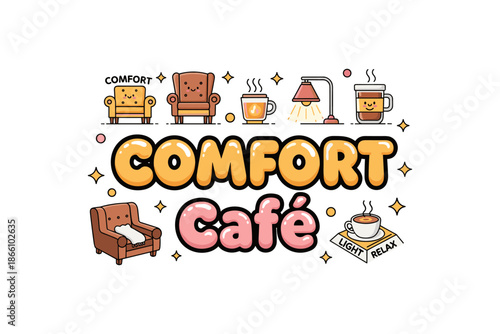 Cozy café concept with cute furniture and warm beverages in kawaii style