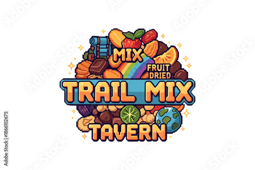 Retro pixel art trail mix logo with fruits and nuts