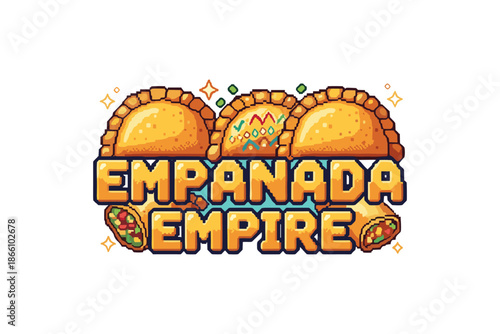 Retro pixel art empanada logo with text and colorful accents
