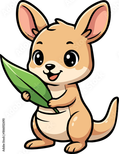 Cute Baby Kangaroo Illustration Holding Green Leaf Mascot