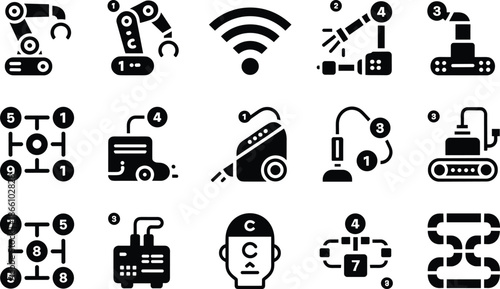 Industrial automation and robotics icons set featuring robotic arms sensors machines wifi connectivity ai manufacturing vector symbols collection