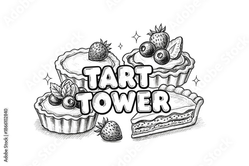 Hand drawn tart collection with strawberries and blueberries