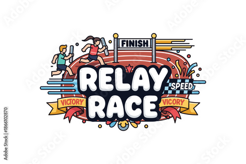 Dynamic relay race emblem with athletic runners finishing track