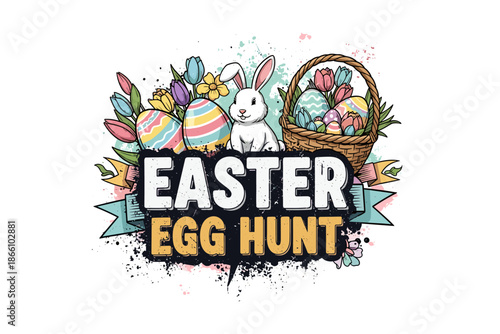 Colorful easter egg hunt with bunny and flowers