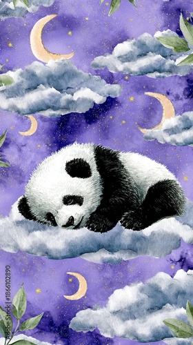 Whimsical watercolor illustration of a cute sleeping panda nestled on soft clouds against a dreamy purple night sky with golden crescent moons and twinkling stars