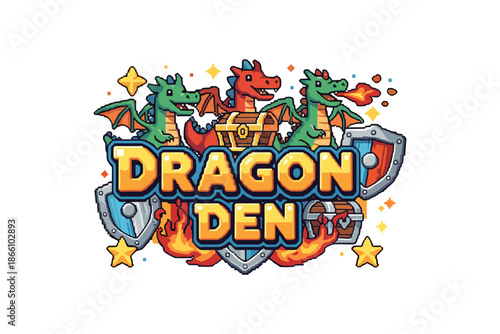 Colorful dragon den banner with treasure, shields, and stars in cartoon style