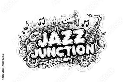 Dynamic jazz arrangement with musical instruments and notes in black and white