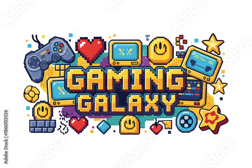 Retro pixel art gaming design featuring controllers, consoles, and symbols