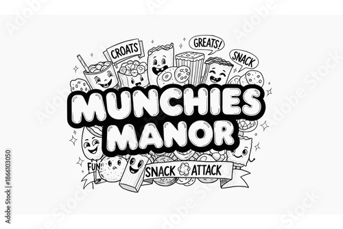 Playful doodle art of snacks at munchies manor with happy food characters in black and white