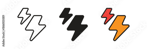 Twin lightning bolt symbols representing high-speed performance, powerful electric current, fast action, and dynamic energy for branding or interface icons.