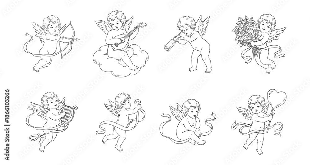 Fototapeta premium Valentine’s Day Cupid Line Drawing Set. Hand Drawn Vintage Cherub Angel Illustrations in Various Pose, Simple Style, Greeting Cards, Invitations, Posters, Decorations Romantic Holiday Design Vector.