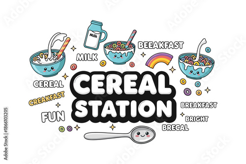 Playful breakfast cereal art with milk and colorful bowls