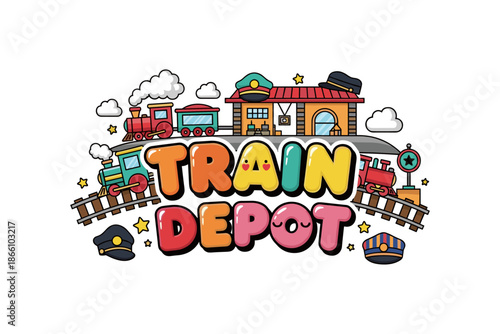 Whimsical cartoon train station theme with bright colors and playful elements