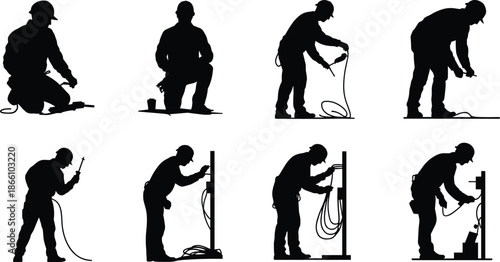 Industrial worker silhouette set showing technician using power tools, cables, and equipment in construction and maintenance tasks isolated on white