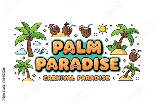 Tropical palm paradise theme with cute island elements and fun characters