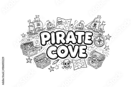 Pirate adventure doodle with ships and treasure chests in black and white